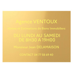 Plaque en aluminium doré & texte jaune adhésive.