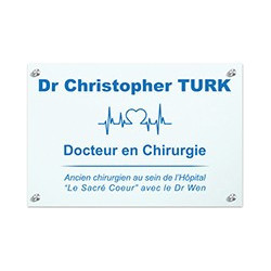 Plaque en plexiglas blanc avec texte bleu