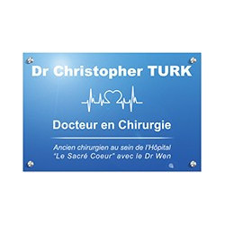 Plaque en plexiglas bleu avec texte blanc