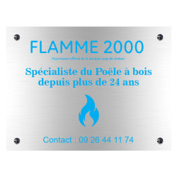 Plaque en aluminium Gris & texte bleu avec logo, percée